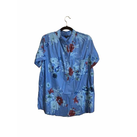 FloryDay Women’s Large Floral Print  Long Sleeve Button-Up Blue  Shirt - Picture 1 of 12